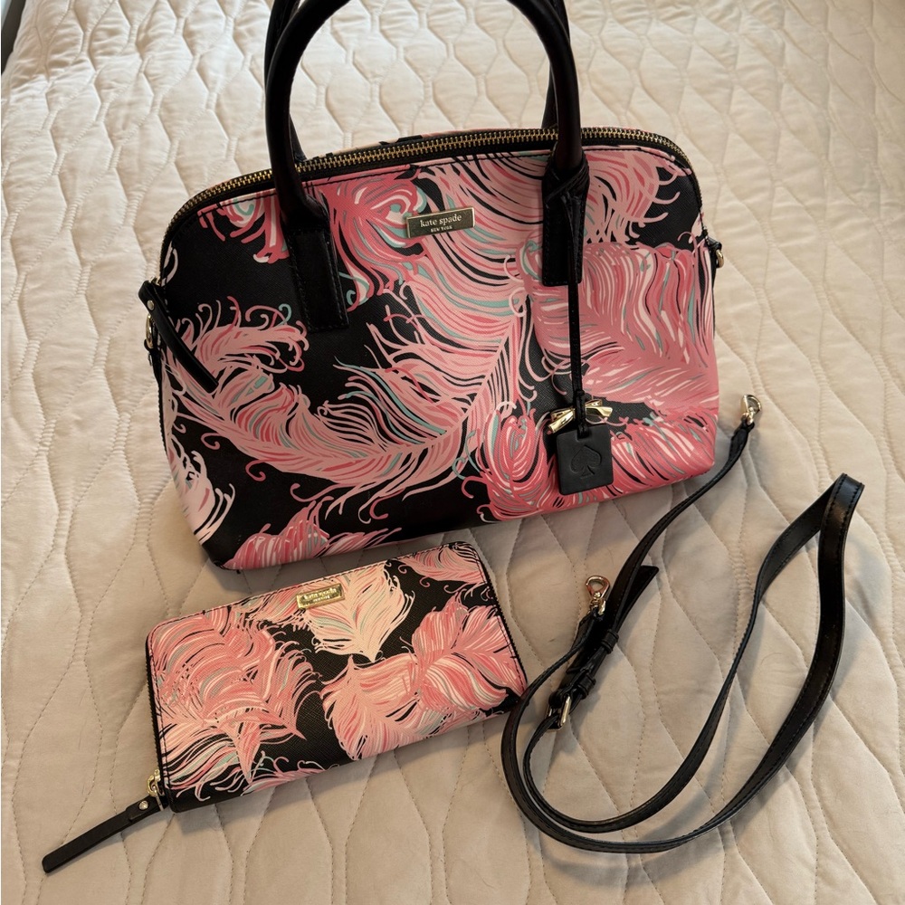 Kate Spade Brightwater Drive Rachelle Black and Pink Feather Satchel and Wallet